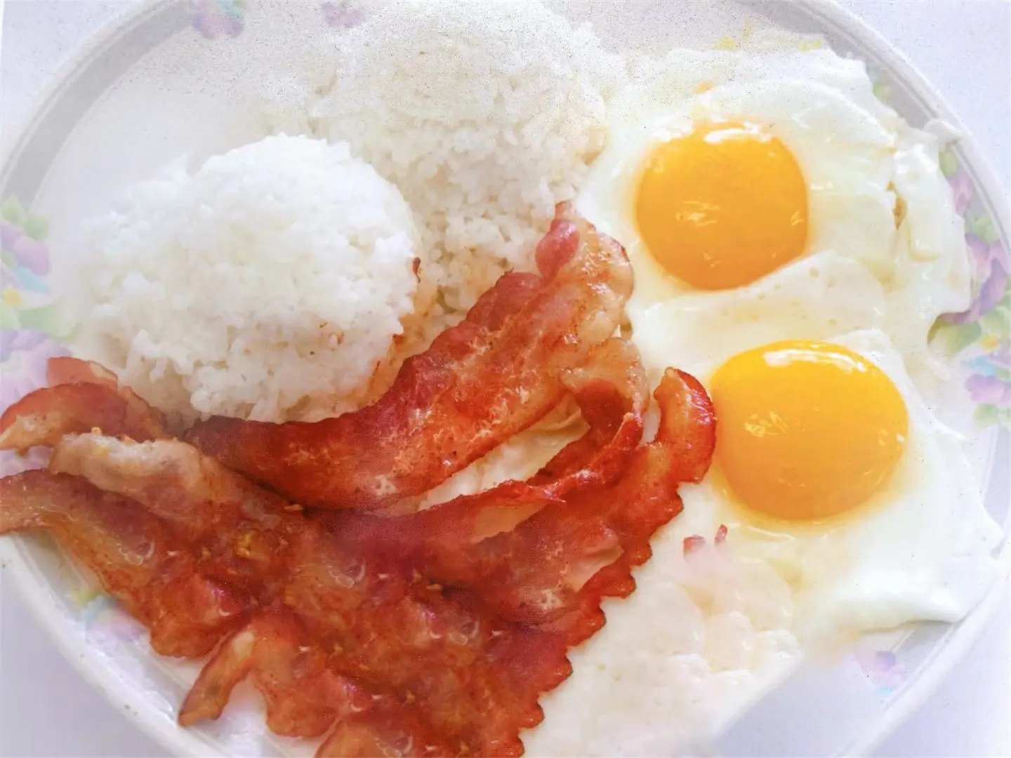 Bacon and Eggs Breakfast Plate at New Queen Barbeque, Asian Fusion Restaurant in Honolulu